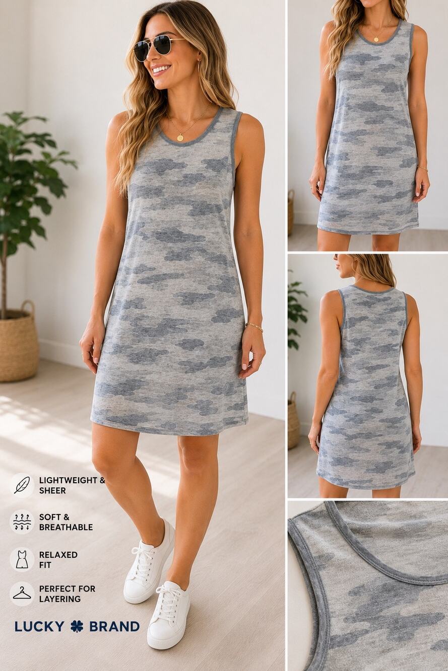 Lucky Brand Tank Dress Womens Medium Gray Camouflage Sheer Sleeveless Casual